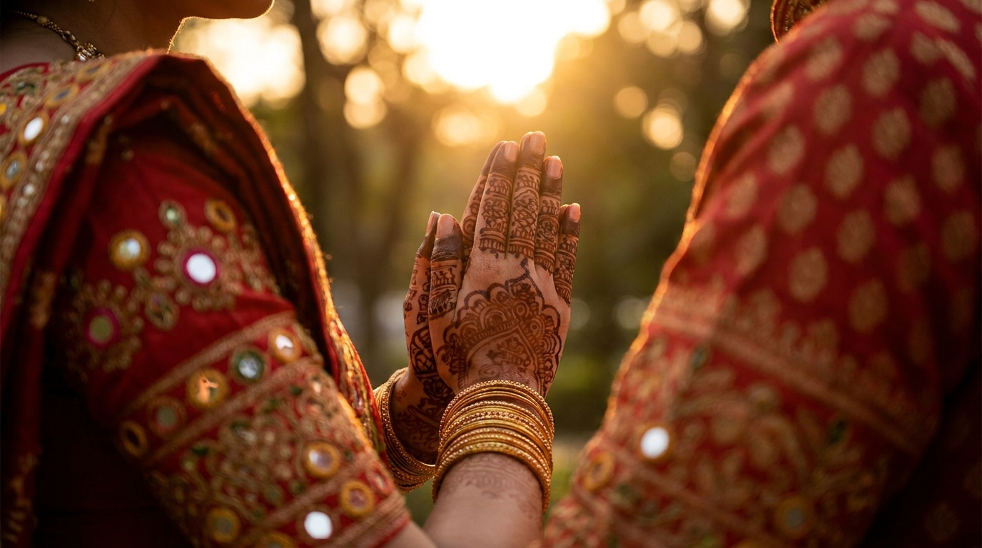 Navratri marketing Canada 2026: a Gujarati woman's hands in garba mudra, showing henna patterns, bangles, and the elaborate mirror-work embroidery of a traditional chaniya choli.