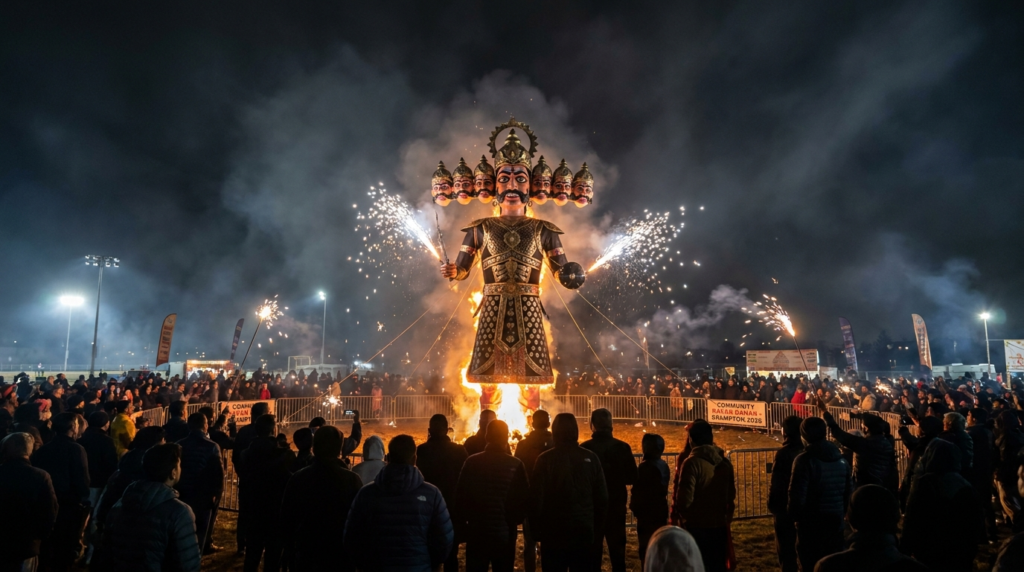 Navratri marketing Canada 2026: a towering Ravana effigy lit with sparklers against a dark October sky at a Dussehra Ravan Dahan event in Brampton, Ontario.