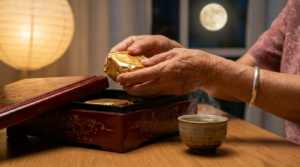 Mid-Autumn Festival marketing Canada 2026: a grandmother's hands lifting a mooncake from a lacquered premium gift box, with oolong tea and a paper lantern beside her in a Markham home.