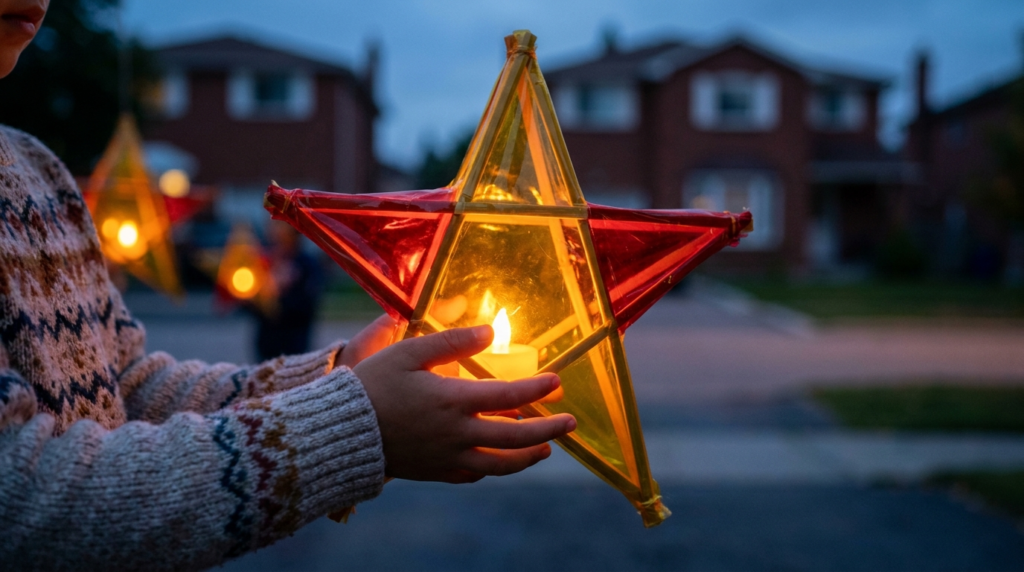 Mid-Autumn Festival marketing Canada 2026: a Vietnamese Canadian child's hands holding a glowing traditional star-shaped paper lantern at dusk during Tết Trung Thu in Scarborough, Ontario.