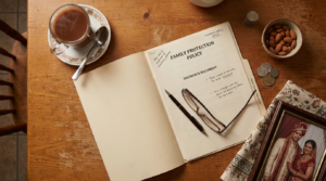 Insurance multicultural marketing Canada 2026: a South Asian family's kitchen table with an insurance policy document, steaming chai glass, pen, and a wedding photo in the background.