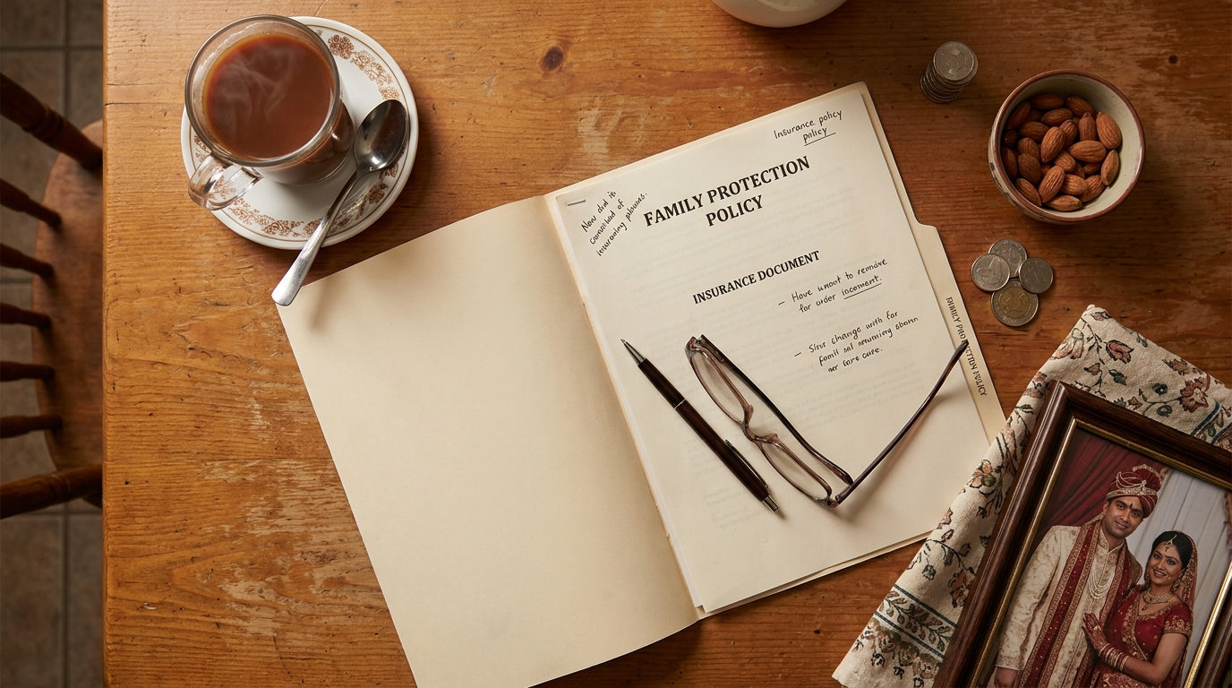 Insurance multicultural marketing Canada 2026: a South Asian family's kitchen table with an insurance policy document, steaming chai glass, pen, and a wedding photo in the background.