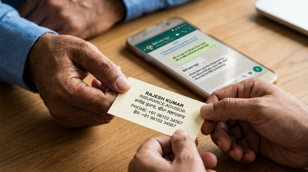 Insurance multicultural marketing Canada 2026: a South Asian insurance broker's hand presenting a bilingual English and Punjabi business card, with a smartphone showing a WhatsApp community group in the background.