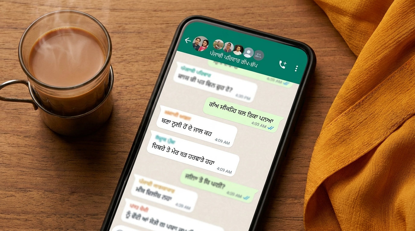 WhatsApp marketing multicultural Canada 2026: an overhead shot of a phone showing an active WhatsApp group chat in Punjabi script, with a steaming chai glass and traditional dupatta fabric beside it.