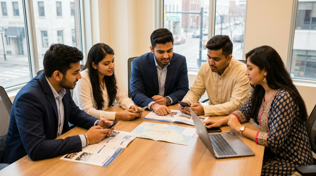 Multicultural marketing budget Canada 2026: a South Asian brand ambassador team at a pre-event briefing, seated around a table reviewing activation materials.