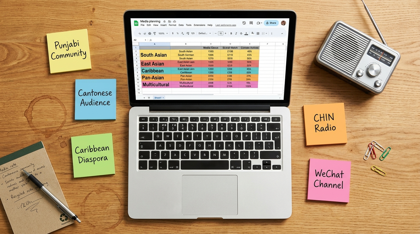 In-language media strategy Canada 2026: a marketer's desk with a media planning spreadsheet on a laptop, sticky notes with community and channel names, and a small portable radio, representing multicultural media channel planning.