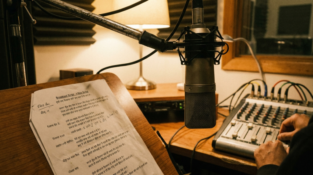In-language media strategy Canada 2026: a close-up of a South Asian radio studio in Toronto with a microphone, sound equipment, and a Punjabi-language broadcast script visible on the desk.