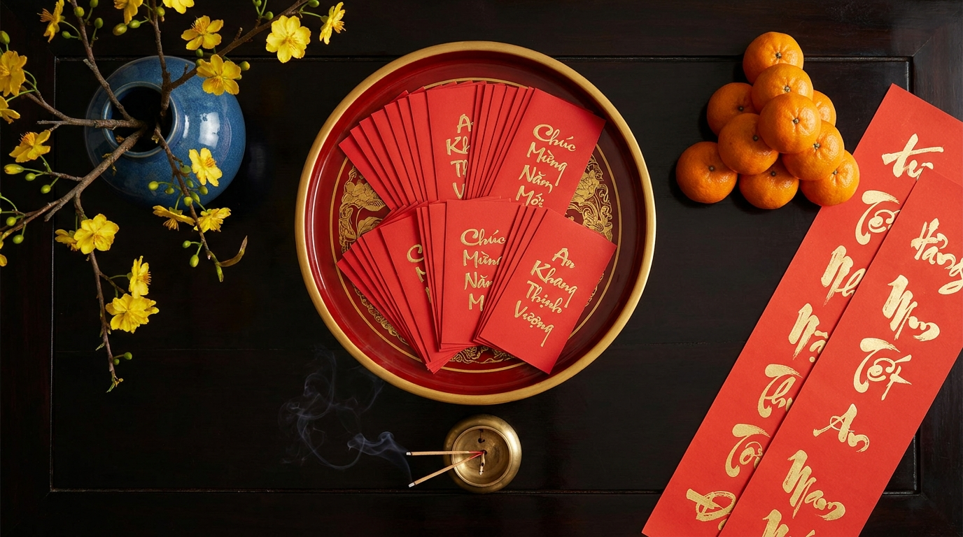 Vietnamese Canadian consumer 2026: an overhead flat-lay of a Tết celebration preparation — red and gold envelopes on a lacquered tray, apricot blossom branch, clementine fruits, Vietnamese red paper couplets, and incense on a decorative stand.