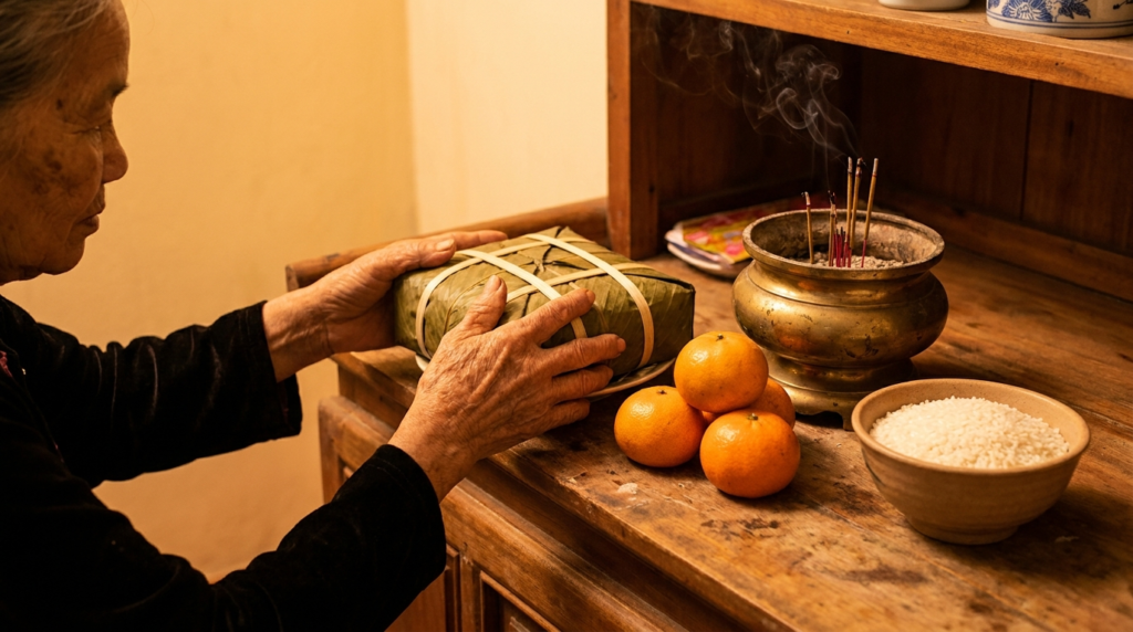 Vietnamese Canadian consumer 2026: a close-up of a Vietnamese Canadian grandmother's hands arranging Tết offerings — bánh chưng wrapped in banana leaves, tangerine fruits, and incense sticks in a brass holder — in a Vietnamese-Canadian home setting.