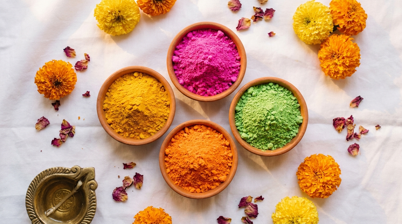 Holi marketing Canada 2026: an overhead flat-lay of Holi celebration preparations — small terracotta bowls of dry coloured gulal powder in pink, yellow, green, and orange arranged on white cotton fabric, marigold flower heads, and a small brass puja lamp.