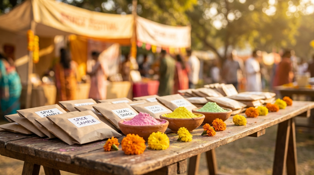 Holi marketing Canada 2026: an editorial close-up of a brand sampling table at a Holi event — product packaging and samples surrounded by small terracotta bowls of coloured gulal powder and spring marigold flowers, with no people in frame.