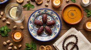 Ramadan marketing Canada 2026: an overhead editorial flat-lay of an iftar table preparation — Medjool dates on an ornate ceramic plate, a glass of water, a small bowl of lentil soup, and a misbaha prayer bead strand resting on a folded prayer cloth.