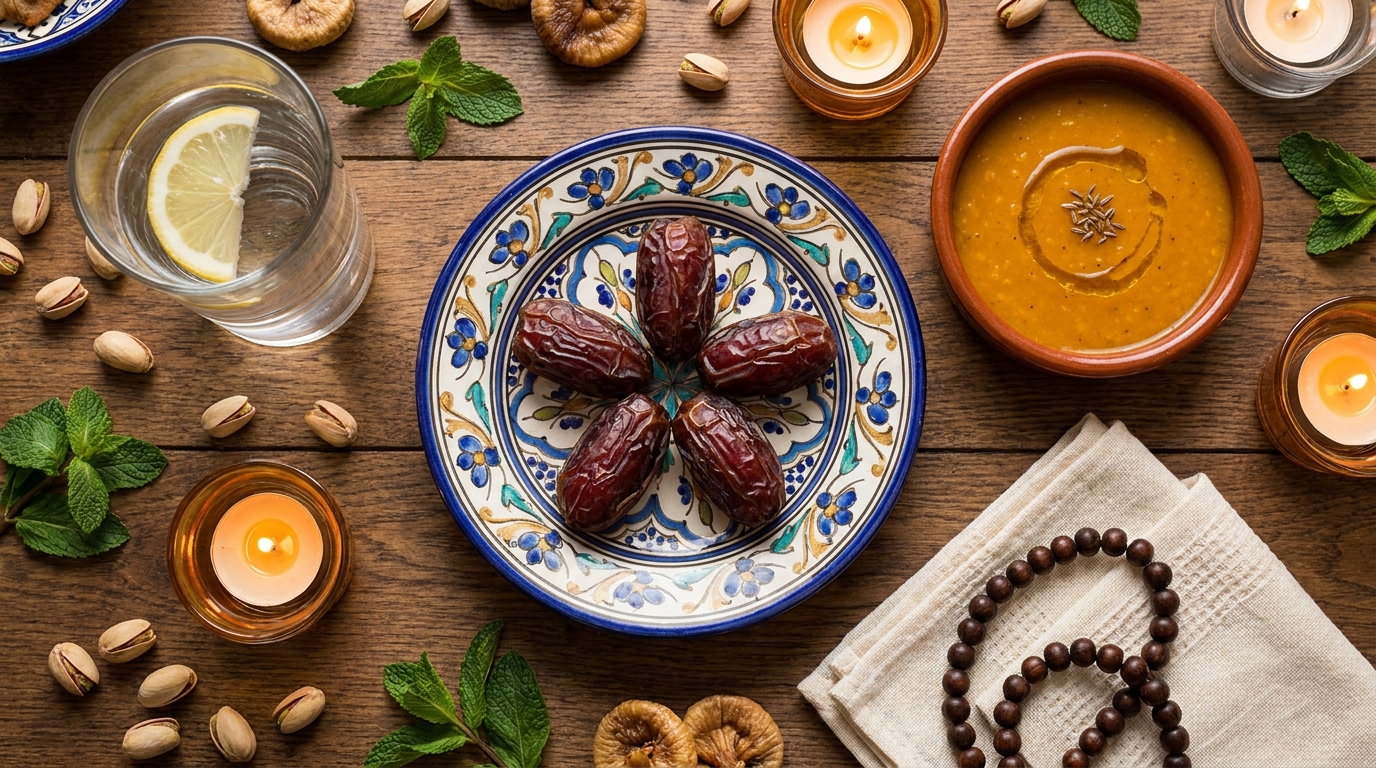 Ramadan marketing Canada 2026: an overhead editorial flat-lay of an iftar table preparation — Medjool dates on an ornate ceramic plate, a glass of water, a small bowl of lentil soup, and a misbaha prayer bead strand resting on a folded prayer cloth.