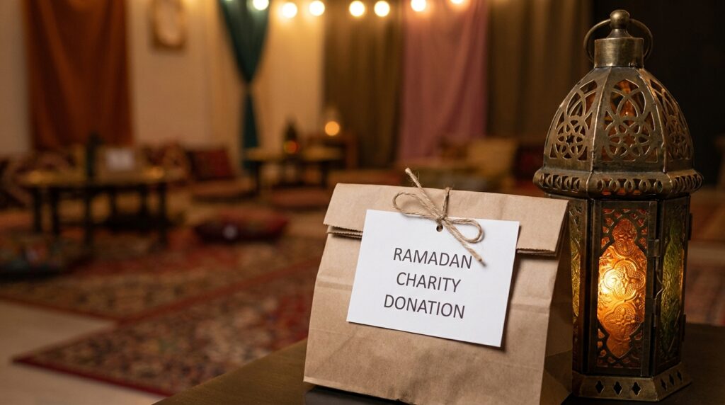 Ramadan marketing Canada 2026: a close-up of a Ramadan charitable brand activation — a branded paper bag with a charity donation label displayed beside a decorative Ramadan lantern (fanoos) with warm golden light.