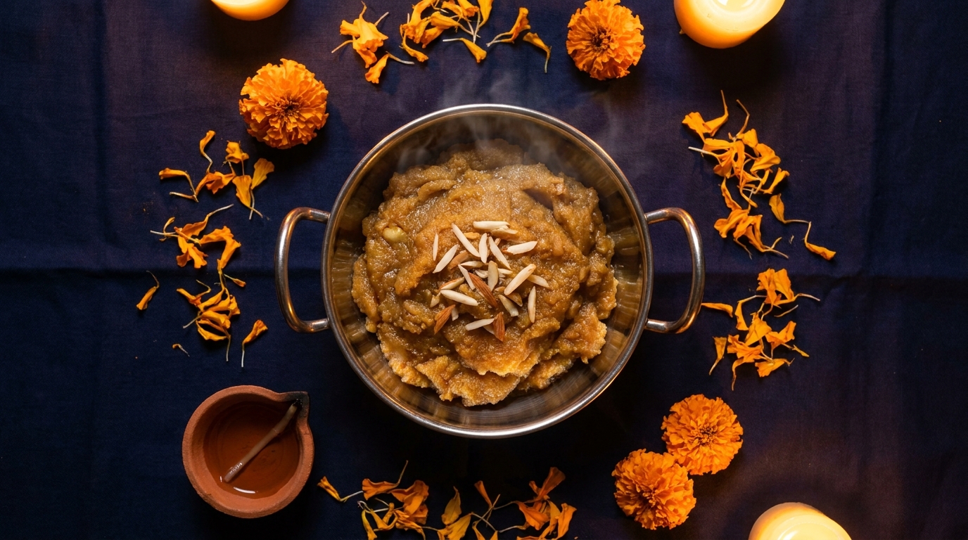 Guru Nanak Jayanti brand activation Canada 2026: an overhead editorial flat-lay of langar preparation — a steel karahi bowl with karah parshad surrounded by scattered marigold petals on deep navy blue fabric, a small unlit clay diya beside it, warm amber light.