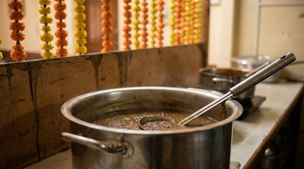 Guru Nanak Jayanti brand activation Canada 2026: a close-up of a langar service table — a polished stainless steel ladle resting in a large serving pot with visible steam, and orange marigold garlands softly blurred in the background.