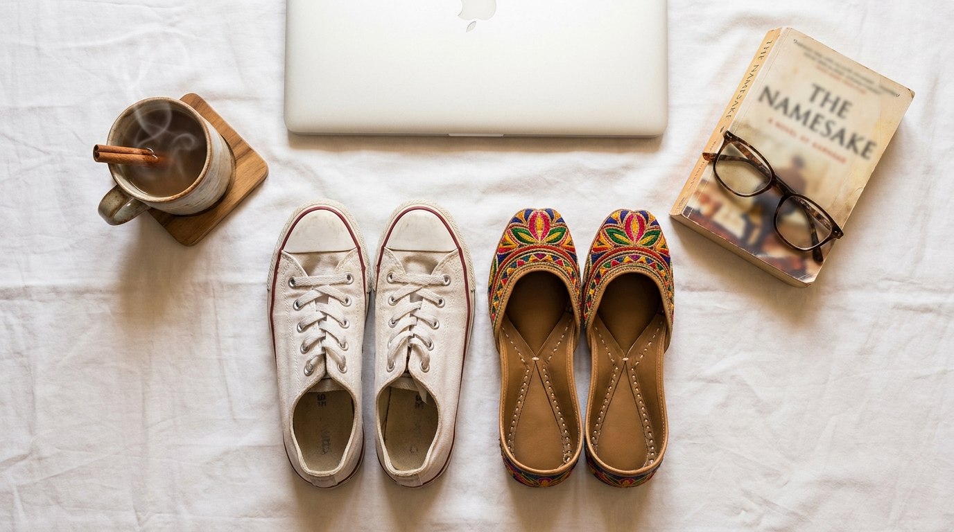 South Asian millennial marketing Canada 2026: an editorial flat-lay of dual-identity everyday objects — a pair of running shoes beside traditional jooti, a laptop, a paperback book, and a cup of masala chai — capturing the bicultural daily life of South Asian millennial consumers in Canada.