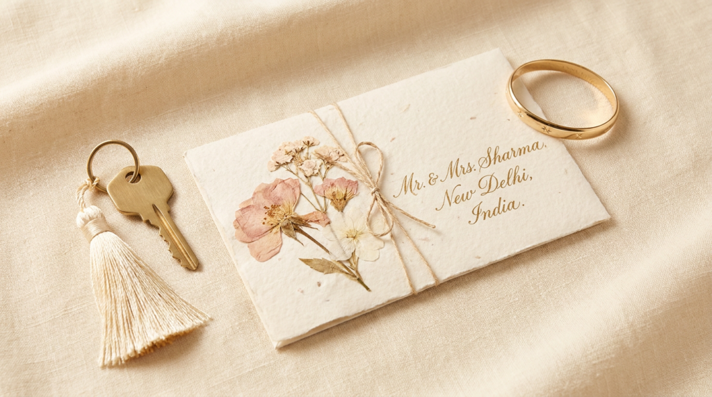 South Asian millennial marketing Canada 2026: a close-up editorial flat-lay of three South Asian millennial life milestone objects — a house key, a South Asian wedding invitation envelope with floral embellishments and calligraphy, and a small gold baby bangle.
