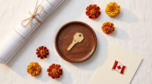 Multicultural homebuyer marketing Canada 2026: an overhead editorial flat-lay of a home purchase milestone — a brass house key on a small decorative tray surrounded by scattered marigold flower heads, a rolled floor plan, and a small Canadian flag pin.