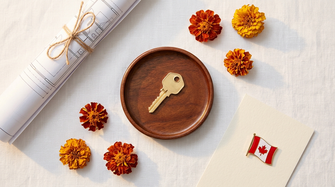 Multicultural homebuyer marketing Canada 2026: an overhead editorial flat-lay of a home purchase milestone — a brass house key on a small decorative tray surrounded by scattered marigold flower heads, a rolled floor plan, and a small Canadian flag pin.