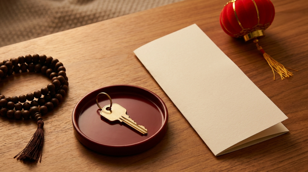 Multicultural homebuyer marketing Canada 2026: a close-up editorial flat-lay of a house key on a small tray beside an unbranded halal mortgage brochure, a strand of prayer beads, and a miniature Chinese paper lantern — representing the diverse community landscape of multicultural homebuyer marketing in Canada.