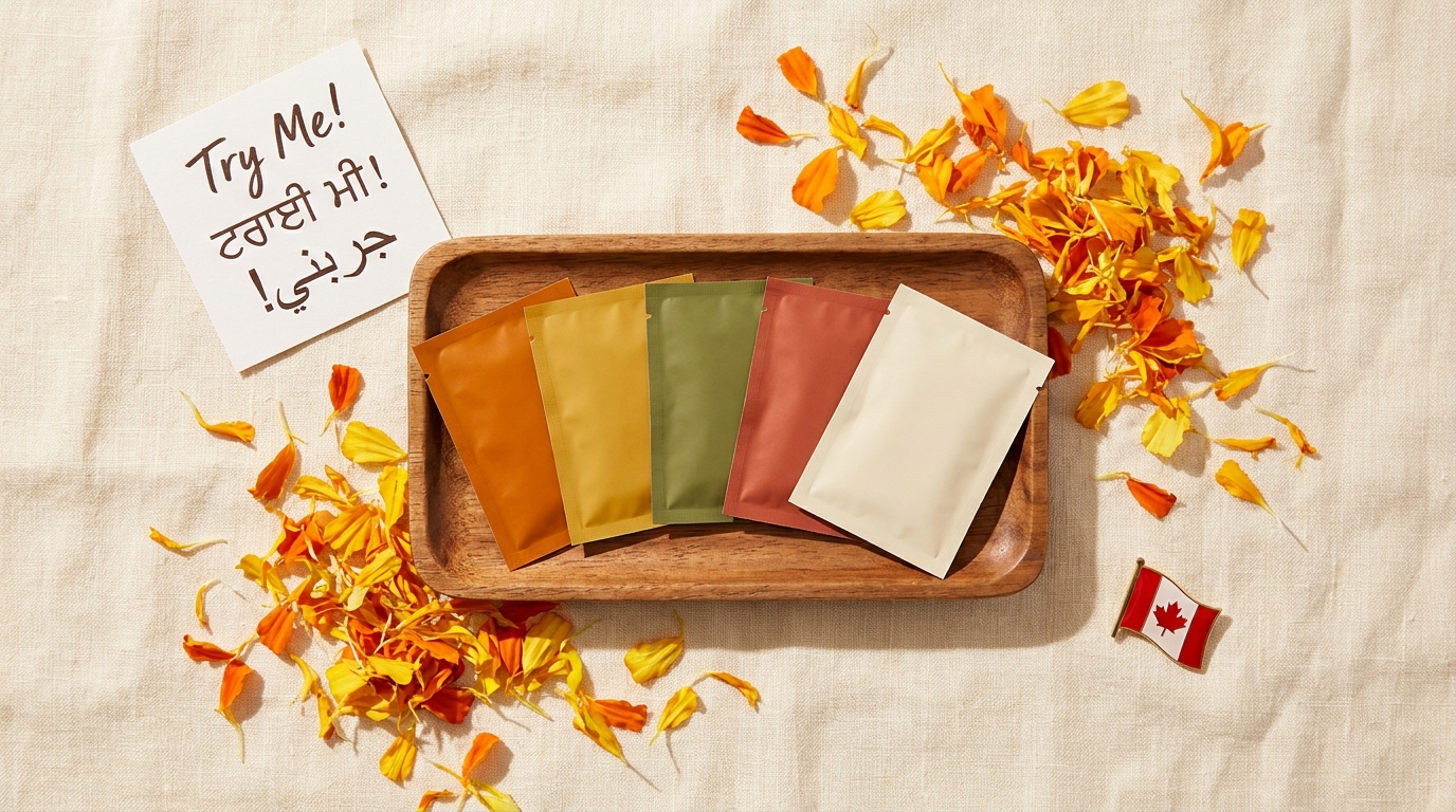 CPG brand activation multicultural Canada 2026: an overhead editorial flat-lay of a multilingual product sampling setup — a small sample tray with generic packaged portions, scattered marigold petals, a multilingual Try Me card, and a small Canadian flag pin.