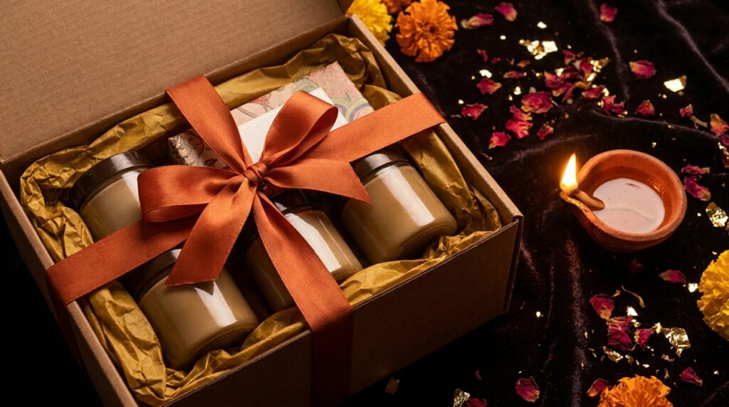 CPG brand activation multicultural Canada 2026: a close-up editorial flat-lay of a Diwali CPG gifting box — generic unbranded product packages nestled in gold tissue paper and tied with an orange ribbon, beside a small lit diya lamp.