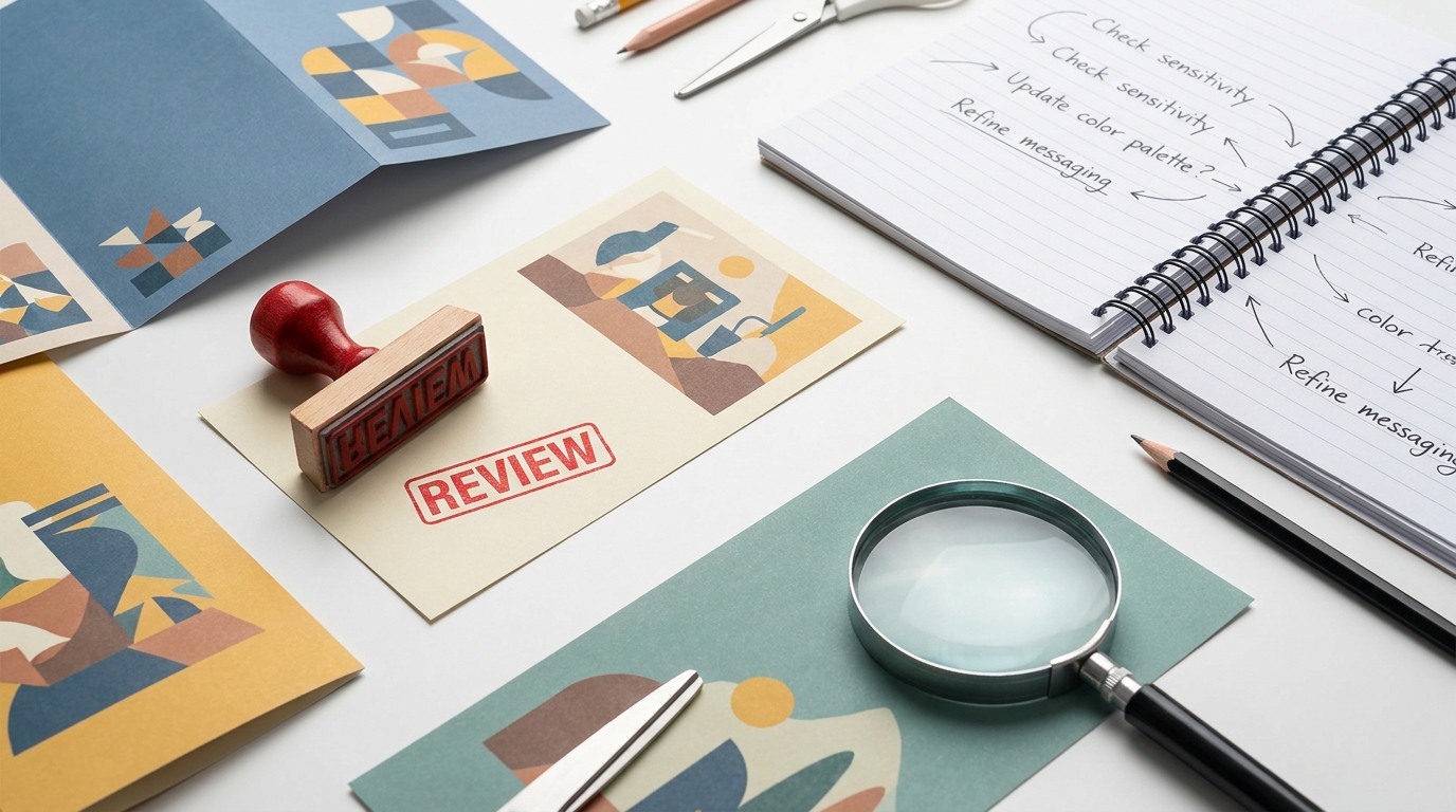 Brand safety multicultural marketing Canada 2026: an overhead editorial flat-lay of a cultural brand safety review process — diverse printed marketing materials spread on a desk, a red REVIEW rubber stamp, a notepad with handwritten comments, and a magnifying glass.