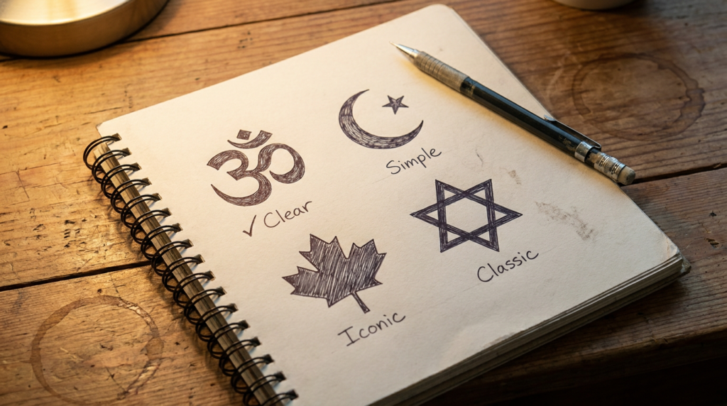 Brand safety multicultural marketing Canada 2026: a close-up editorial photograph of a cultural brand safety advisor notepad — cultural symbols (Om, crescent moon, maple leaf, Star of David) drawn in pen with handwritten check marks and review notes beside each.