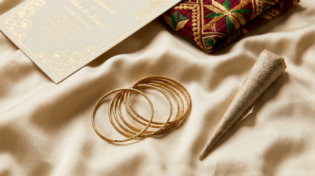 Punjabi community marketing Canada 2026: a close-up editorial flat-lay of Punjabi wedding market objects — a set of gold bangles, a henna cone, a gold-embossed ivory wedding invitation card, and a small piece of phulkari fabric.