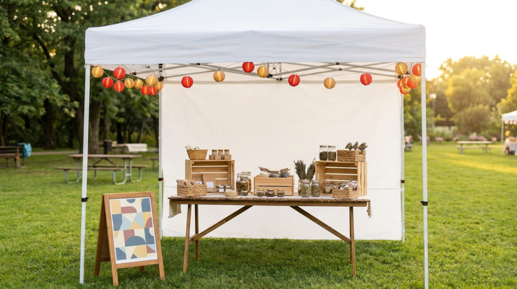 Asian Heritage Month marketing Canada 2026: an editorial exterior photograph of a brand activation booth setup at an outdoor community event — a folding table with product displays under a white canopy, surrounded by paper lanterns and community event signage in multiple scripts, natural park setting.