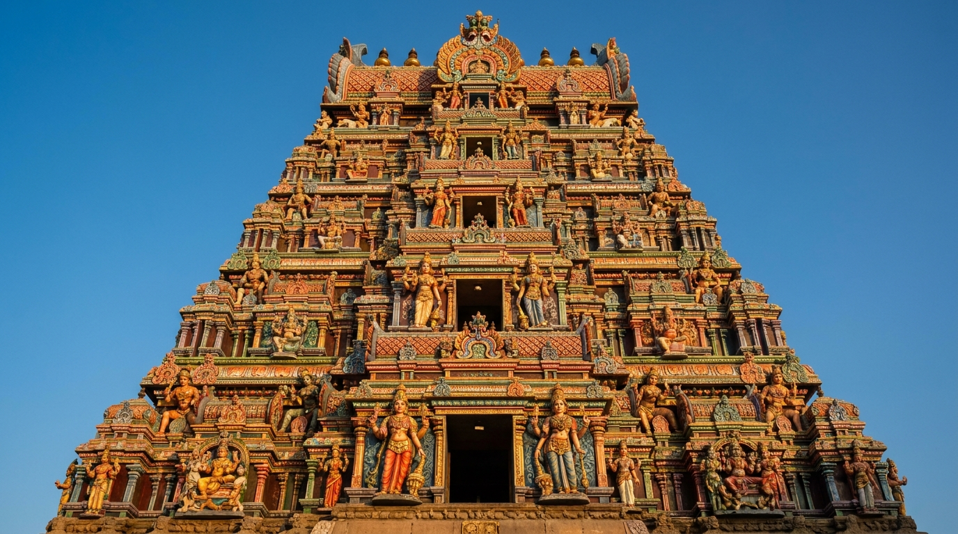 Tamil Canadian consumer guide 2026: an exterior editorial photograph of a Tamil Hindu kovil gopuram tower — ornate multi-tiered sculptural architecture in vibrant colours against a clear blue sky, warm afternoon light catching the carved figures.