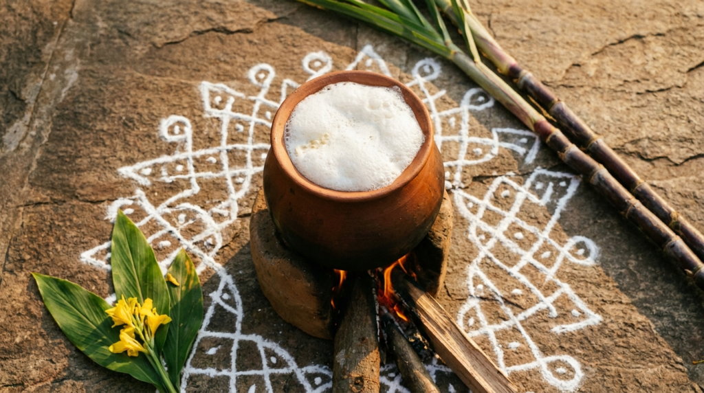 Tamil Canadian consumer guide 2026: an angled overhead editorial photograph of a Thai Pongal cooking scene — a traditional clay pongal pot on a small outdoor fire, surrounded by a kolam pattern drawn on the ground, with sugarcane stalks and turmeric leaves arranged nearby.