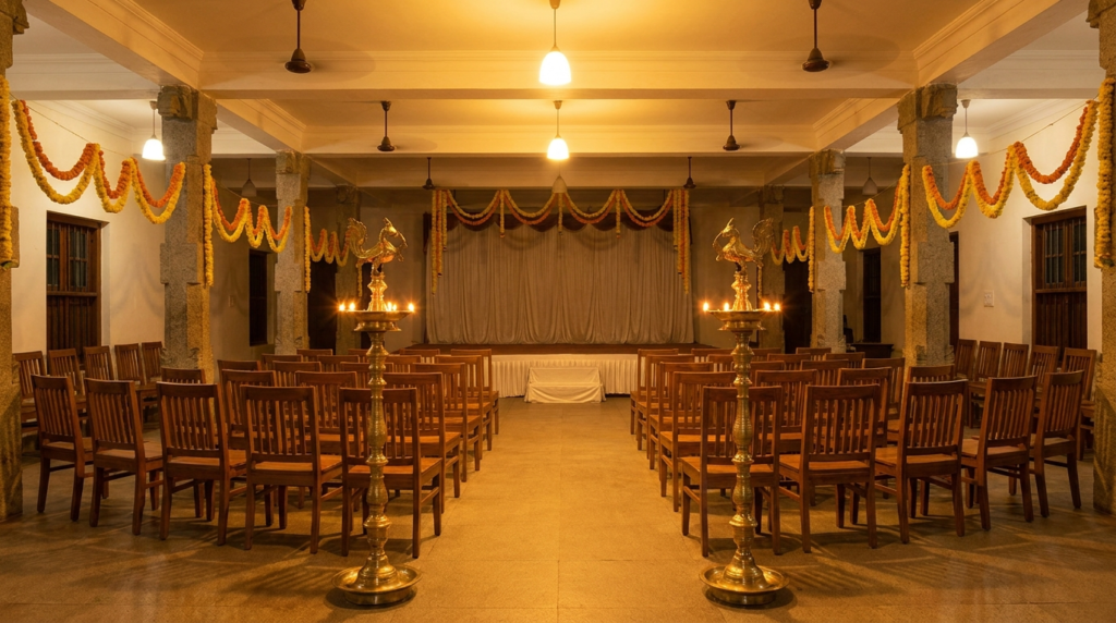 Tamil Canadian consumer guide 2026: an editorial interior photograph of an empty Tamil community hall before a cultural event — rows of chairs facing a stage, traditional brass kuthuvilakku oil lamps lit at the front, marigold garland decorations overhead, warm golden light.