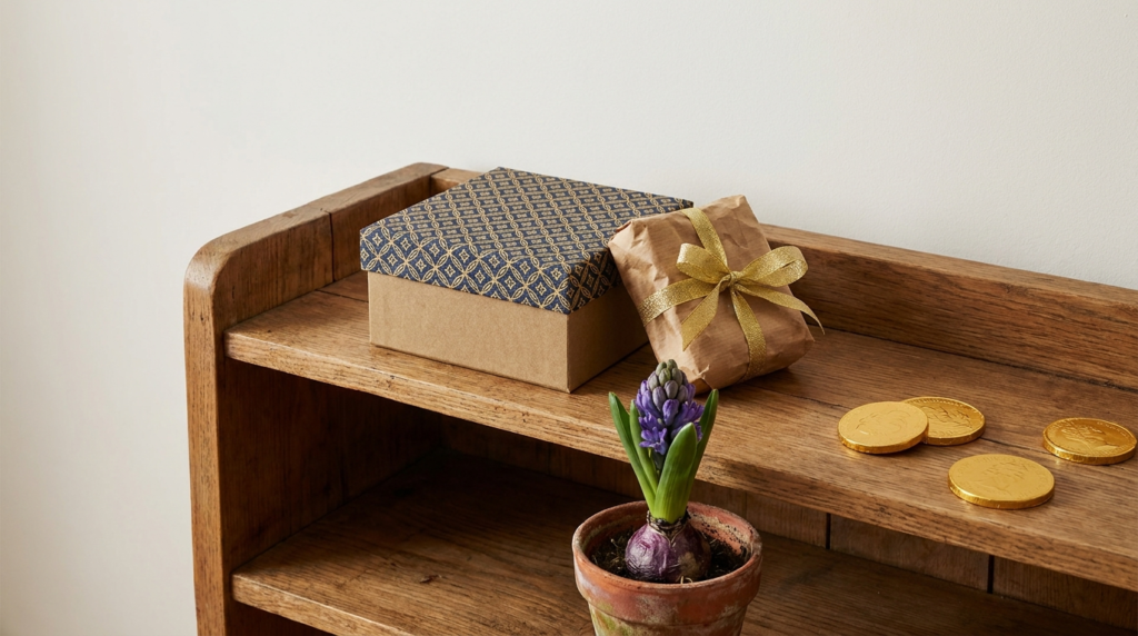 Nowruz marketing Canada 2026: a 45-degree angle editorial photograph of a Nowruz gift hamper arrangement — a gift box with a decorative Persian pattern lid, a small package of Persian sweets (noghl), a purple hyacinth plant in a terracotta pot, and gold-wrapped chocolates, arranged on a wood shelf.