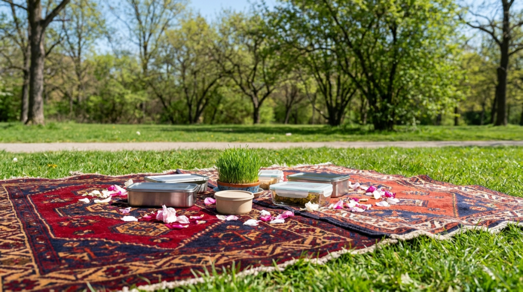 Nowruz marketing Canada 2026: a standing-height editorial photograph looking across an outdoor community Sizdah be-dar picnic in a park — colourful Persian-pattern blankets spread on green grass, picnic food containers visible, spring trees in the background.
