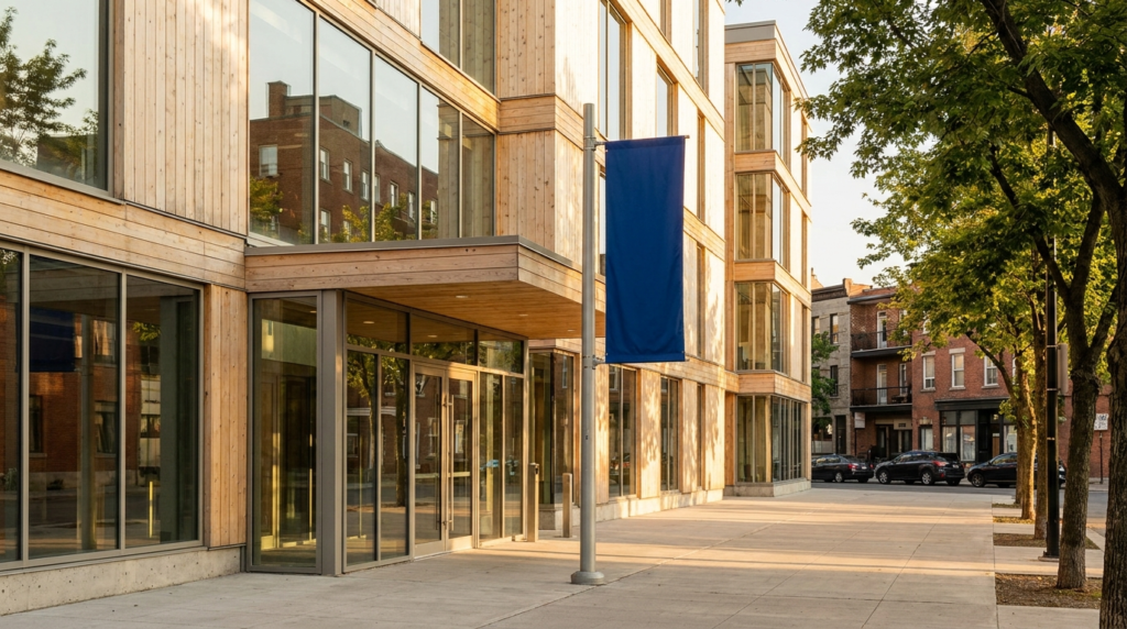 Black History Month marketing Canada 2026: an exterior editorial photograph of a community cultural centre in Toronto — a clean modern building facade with large windows, community event banners visible, warm afternoon light, urban Toronto setting.