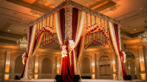 South Asian wedding activation Canada 2026: an editorial interior photograph of an ornate empty South Asian wedding mandap — elaborate floral arrangements in deep red and gold, draped fabric ceiling canopy, stage lighting, no people present.