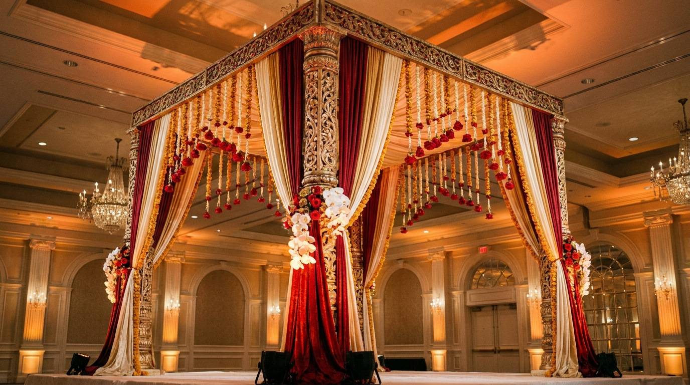 South Asian wedding activation Canada 2026: an editorial interior photograph of an ornate empty South Asian wedding mandap — elaborate floral arrangements in deep red and gold, draped fabric ceiling canopy, stage lighting, no people present.