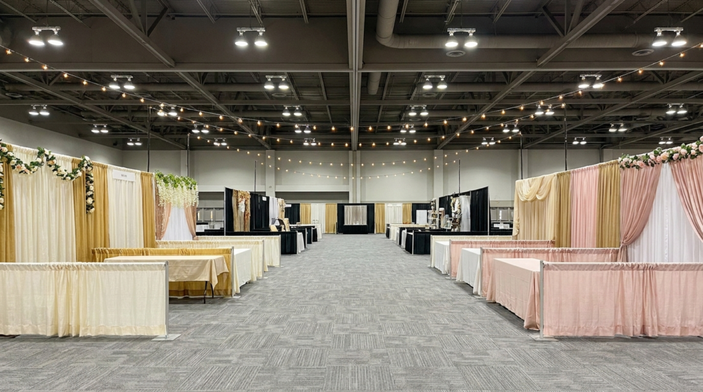 South Asian wedding activation Canada 2026: an editorial interior photograph of an empty South Asian bridal expo hall — rows of decorated vendor booths with fabric draping and floral displays, event lighting overhead, no people present.