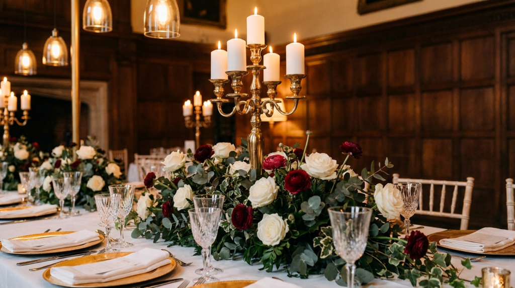 South Asian wedding activation Canada 2026: a 45-degree angle editorial photograph of an elegantly decorated South Asian wedding reception table — tall gold candelabra centrepiece, white and red floral arrangement, crystal glassware, gold charger plates, warm dinner lighting.