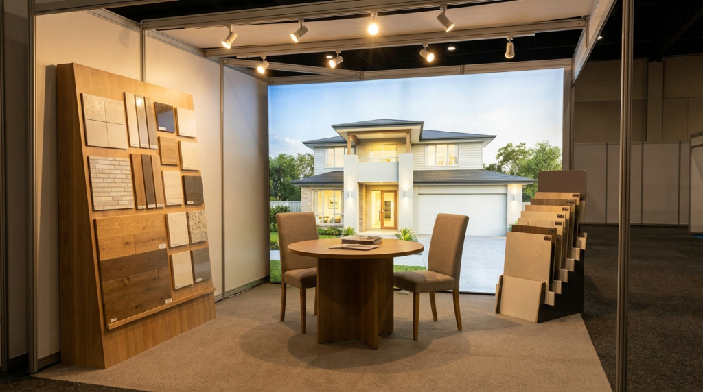 Construction company marketing Canada 2026: an editorial interior photograph of an empty construction company trade show booth at a home show — display panels with house renderings, a presentation table, and a flooring and materials display, warm event lighting, empty of people.