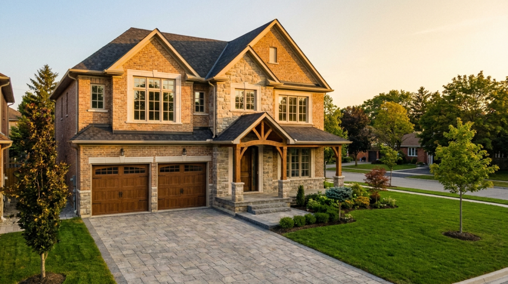 Construction company marketing Canada 2026: an editorial exterior photograph of a finished custom home in a GTA suburb — two-storey brick and stone facade, double-car garage, landscaped front yard with stone driveway, warm late-afternoon golden hour light.