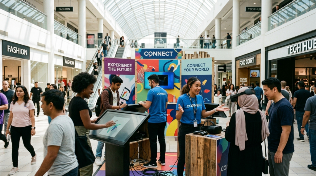 Experiential marketing agency brand activation at a GTA mall with diverse attendees engaging a branded booth in Ontario