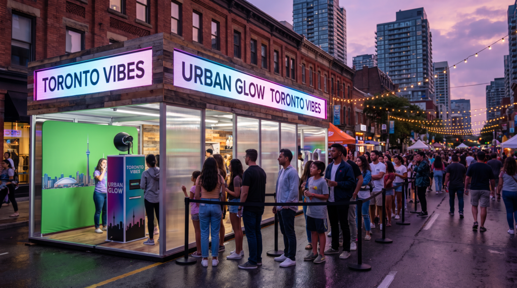Evening pop-up shop brand activation at a Toronto festival with a queue at an interactive photo moment