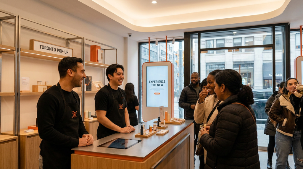 Interior of a Toronto pop-up shop with brand ambassadors running a product sampling station for multicultural shoppers