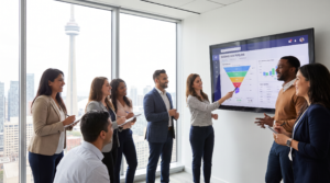 B2B marketing agency team in a Toronto office reviewing a demand-generation pipeline dashboard, Canada