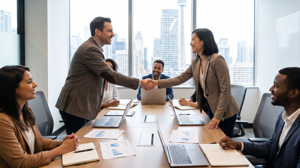 B2B marketing agency lead and corporate client shaking hands in a Toronto boardroom, Ontario partnership
