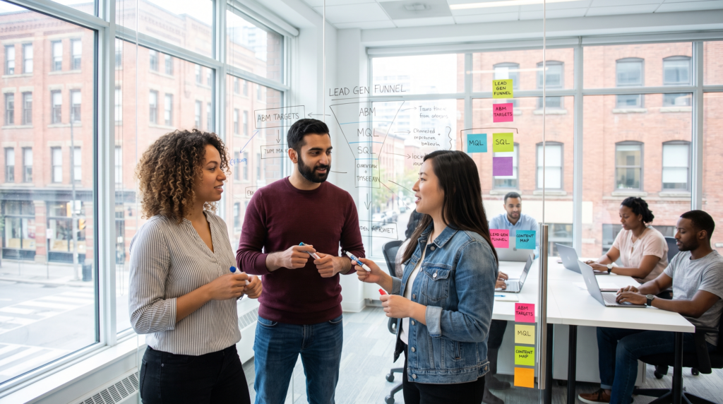 B2B marketing strategists mapping a lead-generation funnel on a whiteboard in a Toronto agency, Canada