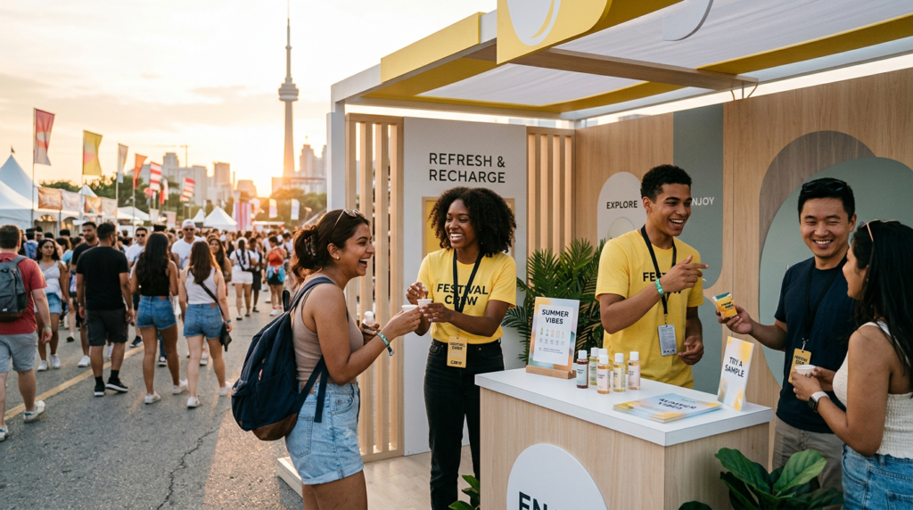 Brand ambassadors engaging attendees at a branded activation booth during a Toronto festival event production